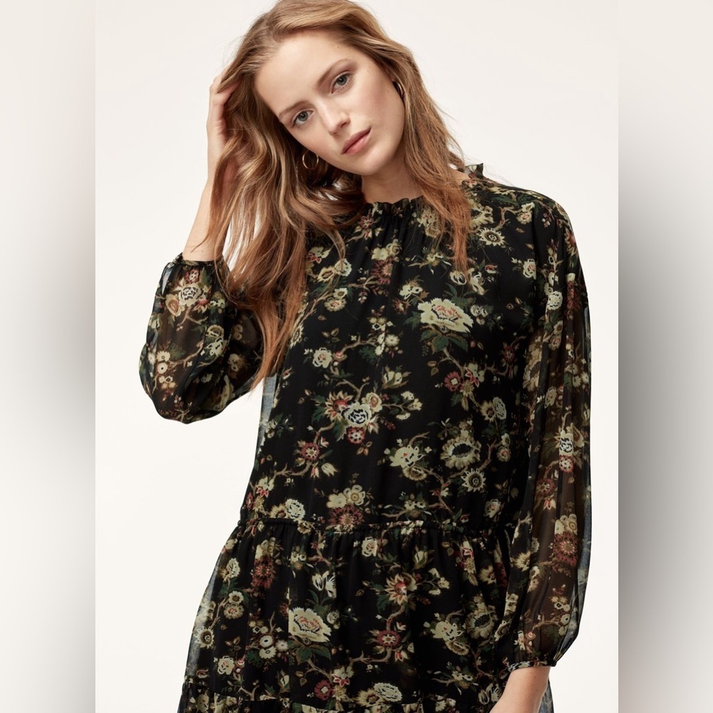 Aritzia Black Floral Midi Dress with Sheer Long Sleeves